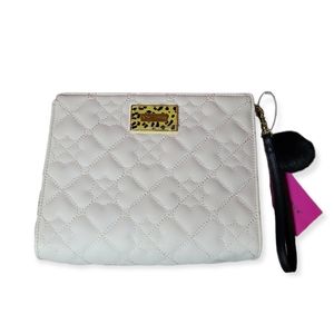Betsey Johnson Quilted Hearts PomPom Clutch Wristlet Purse